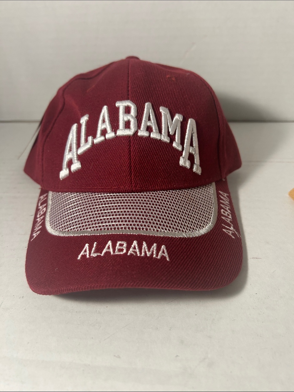 Embroidered Crimson Baseball Cap with Silver Mesh Trim